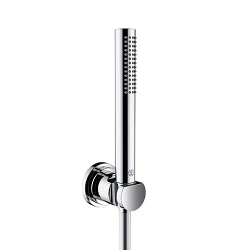 Chrome-Duschkopf mit schmalem, modernem Design, an einer Wandhalterung befestigt. Ideal für stylische Badezimmerlösungen.